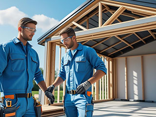 Two Technicians Planning a New Garage Construction in La Mesa Professional technicians discussing the framing of a new garage build in La Mesa, CA