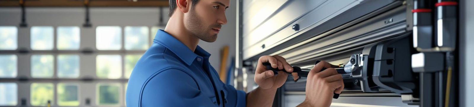 Garage door technician performing expert repair and installation on a residential garage door system