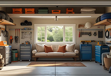 Organized and stylish garage interior featuring custom storage, seating, and smart lighting in a La Mesa home