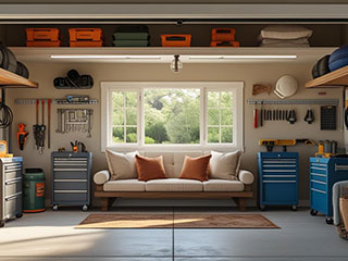 Modern Custom Garage Organization and Oasis Setup in La Mesa, CA Organized and stylish garage interior featuring custom storage, seating, and smart lighting in a La Mesa home