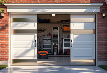 Organized custom garage interior featuring cabinets, tool racks, and overhead storage in a La Mesa, CA home