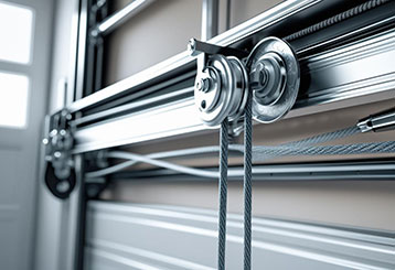 Close-up of garage door cables and tracks system, showing sturdy repairs and modern installation.