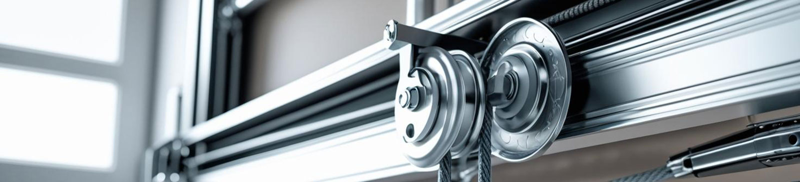 Close-up of garage door cables and tracks system, showing sturdy repairs and modern installation.