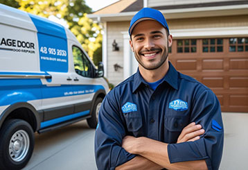 Professional garage door technician standing in front of service van and residential garage door.