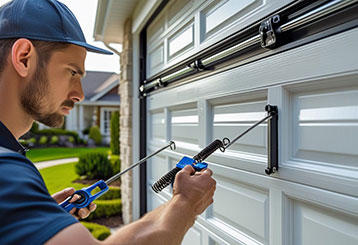 Technician performing professional garage door maintenance by adjusting and lubricating a residential garage door.