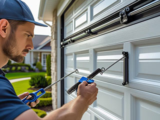 Garage Door Maintenance Service La Mesa Technician performing professional garage door maintenance by adjusting and lubricating a residential garage door.
