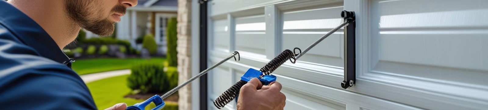 Technician performing professional garage door maintenance by adjusting and lubricating a residential garage door.