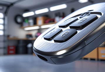 Close-up of a sleek garage door remote clicker in a well-lit modern garage, emphasizing convenience and technology.