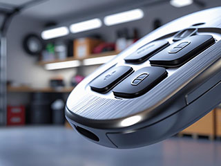 Garage Door Remote Clicker With Modern Design Close-up of a sleek garage door remote clicker in a well-lit modern garage, emphasizing convenience and technology.