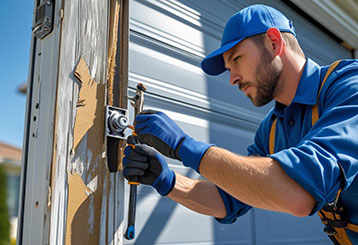 Technician repairing a residential garage door system in La Mesa, California