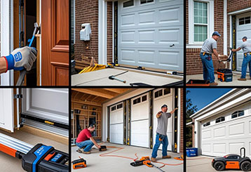 Technicians performing garage door replacement, showing step-by-step removal and installation of a modern overhead door on a residential property.