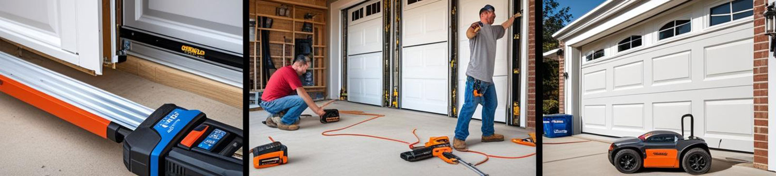 Technicians performing garage door replacement, showing step-by-step removal and installation of a modern overhead door on a residential property.