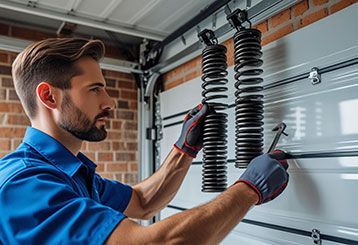 Close-up of a skilled technician replacing garage door springs on a residential garage door in La Mesa, CA