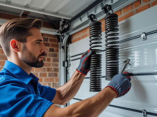 Technician Performing Garage Door Spring Replacement in La Mesa Close-up of a skilled technician replacing garage door springs on a residential garage door in La Mesa, CA