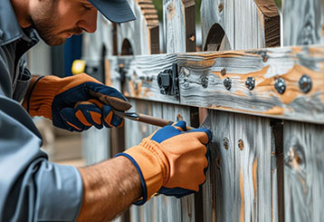 Technician wearing gloves repairing a wooden gate with professional tools, focusing on secure and precise service.