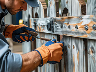 Professional Gate Repair Technician at Work in La Mesa Technician wearing gloves repairing a wooden gate with professional tools, focusing on secure and precise service.