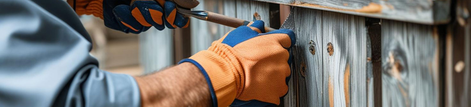 Technician wearing gloves repairing a wooden gate with professional tools, focusing on secure and precise service.
