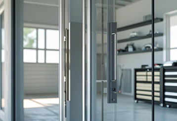 Sleek modern glass garage door with sturdy aluminum frame, brightening a contemporary garage interior in La Mesa.
