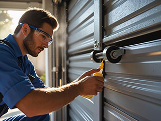 Preventing Jammed Garage Doors with Routine Maintenance Technician inspecting and lubricating a garage door to prevent jamming in La Mesa