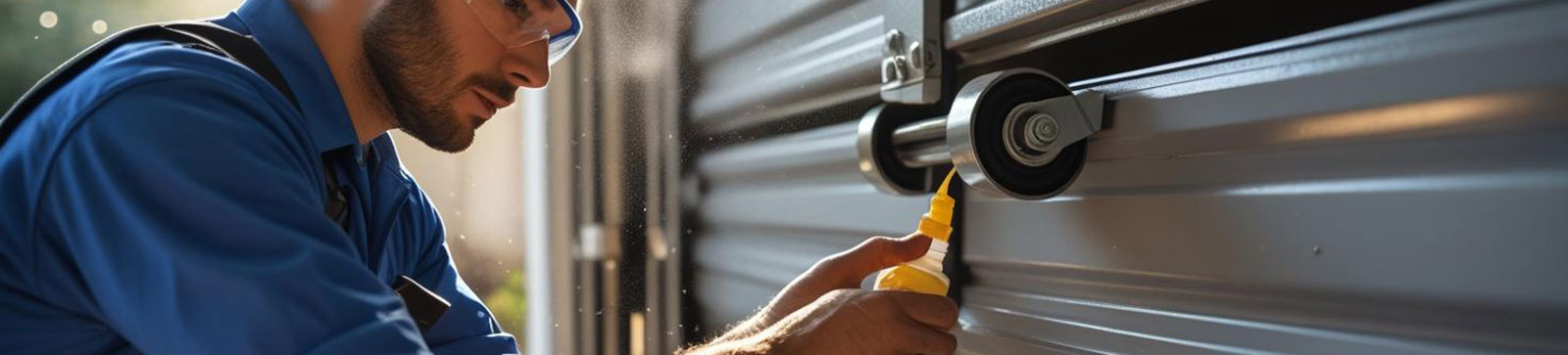 Technician inspecting and lubricating a garage door to prevent jamming in La Mesa