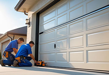 Professional installers fitting a modern garage door on a residential home in La Mesa, CA
