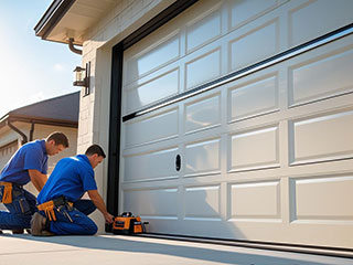 Professional installers fitting a modern garage door on a residential home in La Mesa, CA