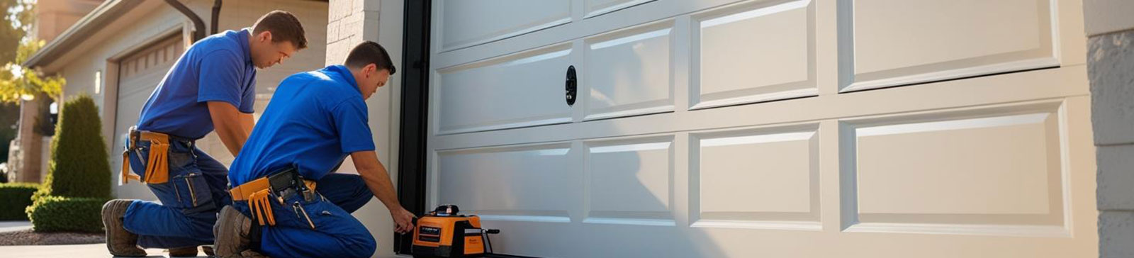 Professional installers fitting a modern garage door on a residential home in La Mesa, CA